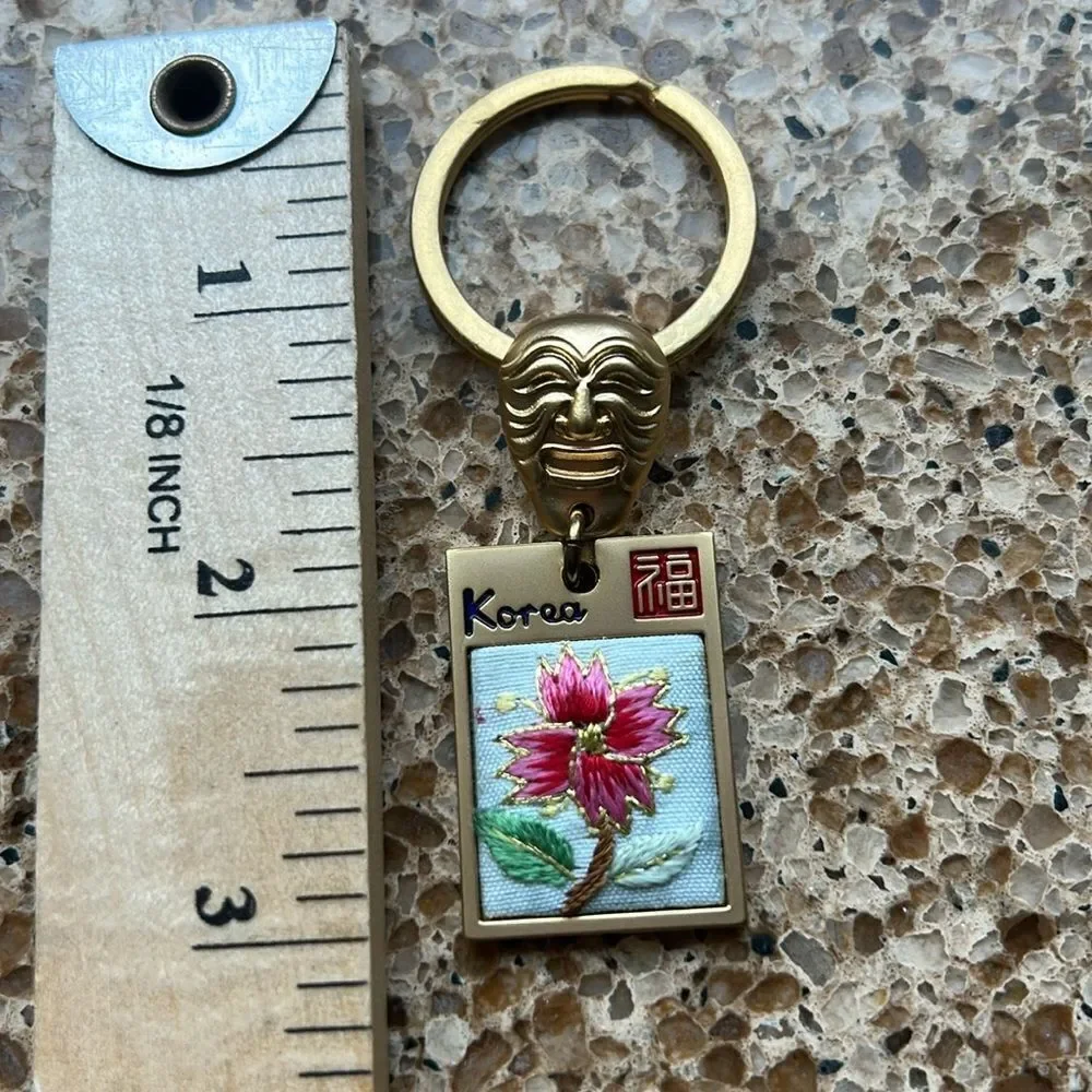 Gold Tone Korean Mask Keychain with Flower 🌺 Tag In Box 🗃️ engraved Korea back